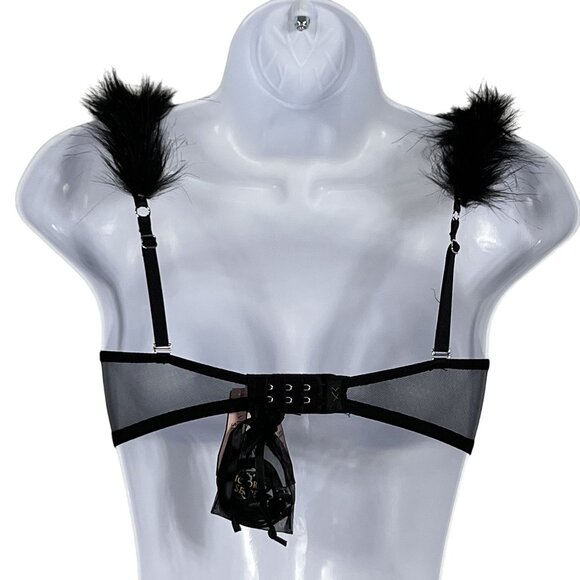 Victorias Secret NWT Demi Bra 32D Black Faux Fur & Solid Straps Sexy Coquette - Picture 2 of 14